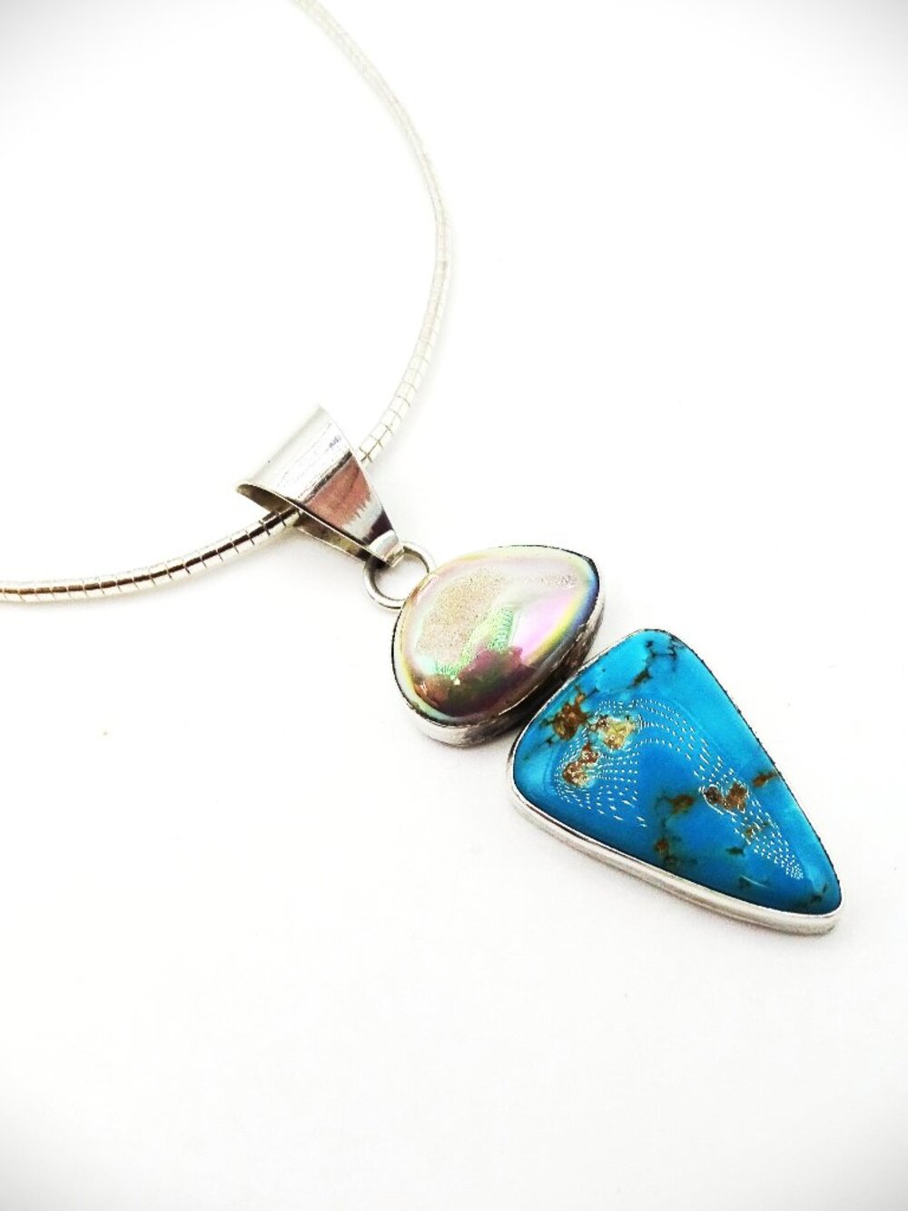 NAVAJO BEA TOM Sterling Silver Turquoise Iridescent Druzy Agate & Chain Necklace